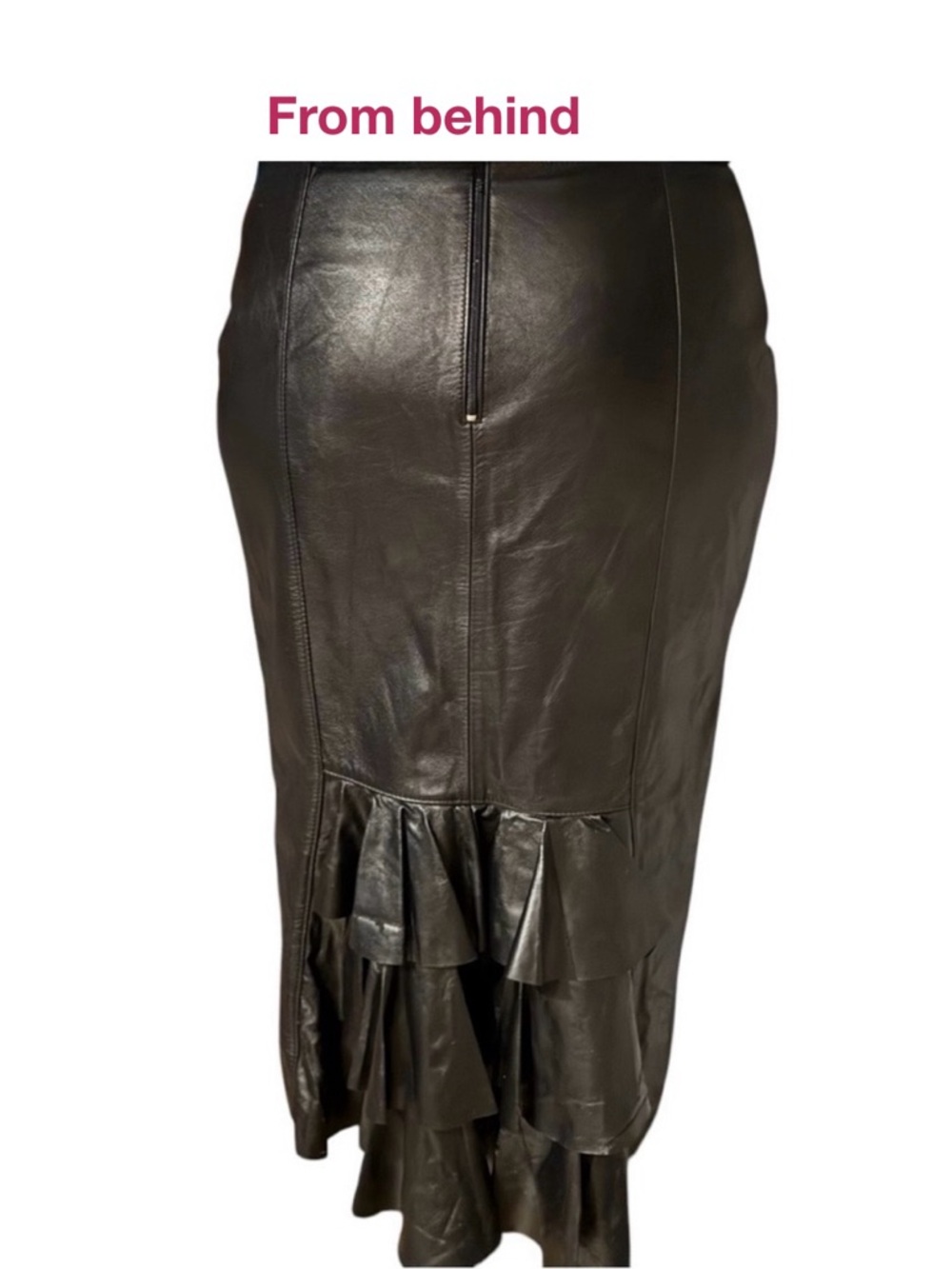 North Bound Leather Midi Black Leather Pencil Skirt with Frilled Back Hem